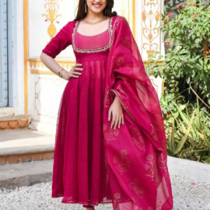 GoSriKi Thread Work Anarkali Kurta With Trouser & Dupatta