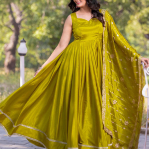 TextileNow Women Pure Chinon Flared Gown With Embroidery Dupatta Set