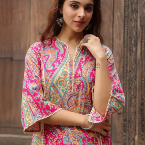PRISCA Paisley Printed Notch Neck Panelled A-Line Kurta