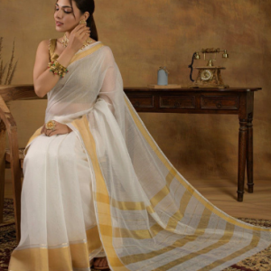 Sangria Zari Kerala Kasavu Saree With Unstitched Blouse