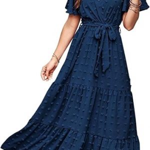 MASCOMODA Women’s Maxi Dresses, Boho, Swiss Polka Dot, Wrap V Neck, Flutter, Short Sleeve, Tie, Solid Color, Belt, A Line, Long Fluid Dresses
