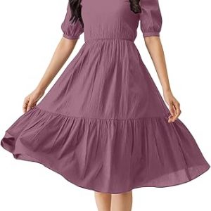 Trendmalls Dress for Women Satin Cotton Round Neck Half Puff Sleeve Flared Pleated Midi Western Dress